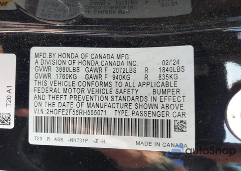 2024 Honda Civic Sport из США, поврежденный, VIN 2HGFE2F56RH555071